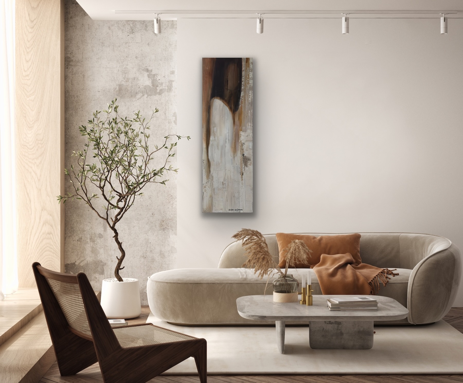 Waiting – schilderij in serene lichte woonkamer met beige sofa en olijfboom, gepresenteerd in een minimalistisch interieur – Hesther van Doornum