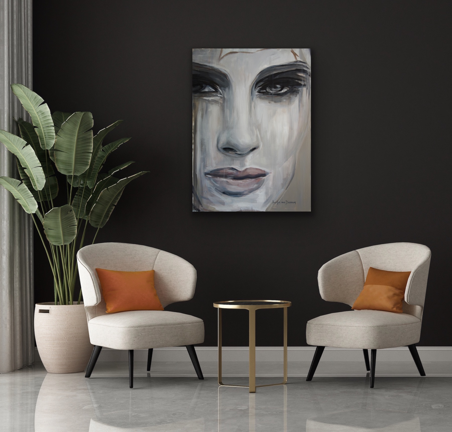 Closer schilderij in warm interieur met neutrale tinten door Hesther van Doornum