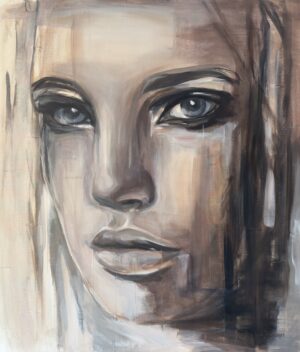 Fading Light – abstract female portrait in warm earthy tones, original painting by Hesther van Doornum