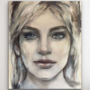 Feather Light – artwork by Hesther van Doornum – roomview mockup – warm layered abstract portrait